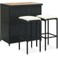 Vidaxl – Ensemble de bar 3 pièces en poly rotin noir – Tabourets avec coussins confortables – Table en bois d’acacia avec étagères de rangement