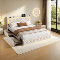 Lit double 140x200 cm avec lumières LED et 4 tiroirs - Lit coffre 140x200 cm avec sommier - Lit 140x200 cm - Tissu velours - Beige