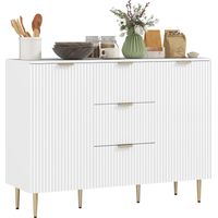 Buffet moderne avec 3 tiroirs, 2 placards et étagères réglables. Bois et métal. Blanc.