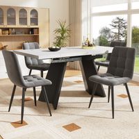 Ensemble repas 6 personnes 99-159x74 cm avec plateau extensible, 4 chaises, salle à manger, repas familial, en MDF, blanc et noir