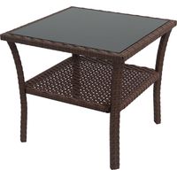 Table de jardin carrée en résine tressée PE rotin 50x50x45cm avec étagère basse et plateau de verre cadre acier marron