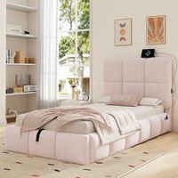 Lit rembourré simple enfant 90 x 200 cm avec rangement hydraulique, lattes, tête de lit velours rose et port USB – lit fonctionnel