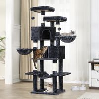 Arbre à chat géant 180 cm – 5 poteaux en sisal – 2 grandes plate-formes – 2 niches – 2 paniers – hamac – montage au sol – gris foncé
