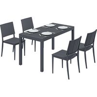 Ensemble salon de jardin 5 pièces : table large et 4 chaises empilables, design lamellé pour 4 personnes, couleur gris foncé