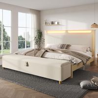 Lit double 140x200 cm avec banc de lit et éclairage LED, Lit Adulte en bois, Tête de lit rembourrée en velours côtelé avec rangement