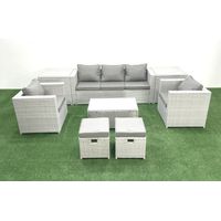 Fimous 7-Sitzer Polyrattan Gartenmöbel Set mit 3-Sitzer Sofa 2 Sesseln Rechteckiger Couchtisch 2 kleine Fußhockern 2 Beistelltischen Hellgrau gemischt