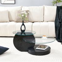 REDOM - Mesa de centro de niveles múltiples, tablero de vidrio de seguridad transparente, estructura de MDF negro efecto madera