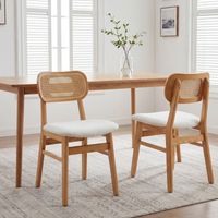 Wahson Lot de 2 chaises salle à manger en rotin – Coussin doux en fausse fourrure – Cadre en bois massif – Dossier élégant – Beige