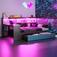 Letto/divano letto in legno 90 x 200 cm, con scrivania, libreria, vani portaoggetti e ripiani, con illuminazione e prese integrate, cassetti, letto multifunzionale in legno, nero + blu