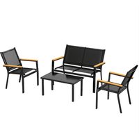 Set 4pz Tavolino Caffè Vetro Temperato 3 Sedute Tessuto Teslin, Nero