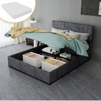 Bett modern gepolstert in Grau 140x200 cm mit hohem Kopfteil, Stoff-Metall-Rahmen, Matratze inklusive
