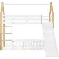 Lit superposé enfant 90x200 cabane avec toboggan blanc et bois