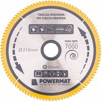 Lame de scie circulaire carbure 210mm – 100 dents pour coupe précise bois dur – Vitesse max 7000 trs/min – Acier trempé – Powermat