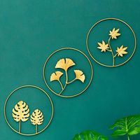 3Pcs Sculptures Murales en Fer en Métal Feuilles Rondes Figurine Murale Nature Gingko Biloba Art Ornement Suspendu pour La Décoration D'hôtel à La Maison (Doré)