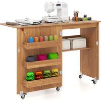 COSTWAY Folding Sewing Table Rolling Craft Station Storage Shelf 3 Hidden Bins Mobile Desk Natural