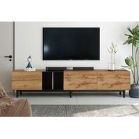 Mobile TV basso con design bicolore, mensole e 3 ante, mobile TV rovere selvatico Tavolo TV 195x48x37cm, in piedi e vintage industriale, colore legno+nero
