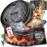 grillas® Dutch Oven Set 9 Liter / Topf ohne Füße Deckelheber BBQ Gusseisen Feuertopf Gusstopf Schmortopf