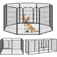 Pawhut – Parc enclos modulable pour chiens et rongeurs – Acier époxy anticorrosion noir – 8 panneaux 80x100cm – Porte verrouillable