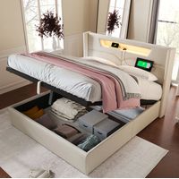 Cama doble 107/212/148 cm beige de lino con LED, USB-C y almacenaje abatible