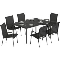 Ensemble de jardin 7 pièces en acier avec 6 chaises empilables Textiline et une table basse en verre, noir