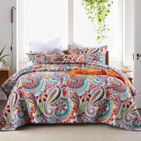 Couvre-lit 220x240 cm motif paisley coloré, boutis coton doux avec 2 taies d’oreiller 50x70 cm