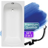 Badewanne Rechteck 160x70, Ablaufgarnitur & Füßen GRATIS - Komplettset 3in1 Original Acryl Wanne Premium Siphon - Made in EU - BADLAND CLASSIC