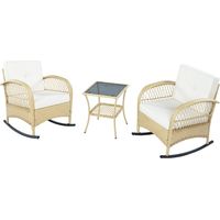 Rattan Balkongarnitur 3-teilig mit 2 Schaukelstühlen, Tisch aus gehärtetem Glas, beigen Kissen, wetterfest, Belastbarkeit 160 kg