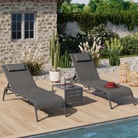 Lote de 2 tumbonas de jardín reclinables BORA con mesa lateral ajustable en acero gris antracita y tela gris