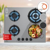 Klarstein – Plaque de cuisson gaz 4 feux 8000W – Brûleur wok 3,4 kW – Allumage électrique – Surface en verre noir facile à nettoyer