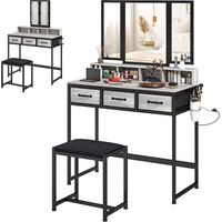 Coiffeuse avec miroir triptyque amovible, tabouret, 3 tiroirs en tissu, support pour sèche-cheveux, grise