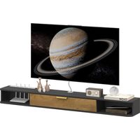Meuble TV suspendu avec compartiments ouverts, porte rabattable et passe-câbles, 160 x 24 x 16 cm, gris