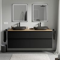 Unterschrank Bernstein LAVOA 160cm für Aufsatzwaschbecken Badmöbel: Schwarz matt, Metallgriff: Schwarz matt, Waschtischplatte: Eiche Honiggold