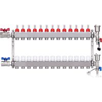 Kit Collecteur Radiateur, 13 Circuits Distributeur Chauffage, avec Vannes à Boisseau Sphérique 1", avec Purgeur Manuel et Débitmètre, Raccords pour Eurocône 3/4, Distributeur HKV