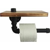 Toilet Roll Holder Retro Design Metal Tube Shelf Storage Set with Wooden Tray Black