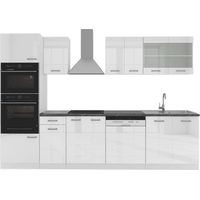 Küchenzeile R-Line, Weiß Hochglanz/Weiß, 300 cm mit Hochschrank, AP Anthrazit, Vicco