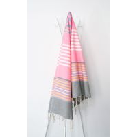 Fouta 100x200 gris, bleu, rose fluo, jaune - 100% coton - franges
