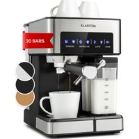 Klarstein – Cafetiere à piston 1350W 20 bars – Mousseur à lait inox – Réservoir 1,8L – Pour espresso, cappuccino, latte – Chauffe-tasses intégré