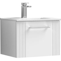 Nuie Deco Satin White 500mm Wall Hung Single Drawer Vanity Unit and Curved Ceramic Basin - DPF191G