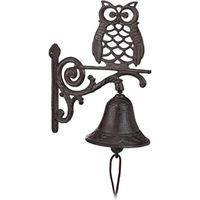 Cast iron owl bell, antique rustic wall bell, waterproof wooden cord, dark brown garden bell