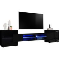 Extreme Furniture, Vitrines Murales Bridge v1, (LxHxP): 230 x 52.5 x 35, Partie centrale en Noir Mat, Côtés en Noir, Portes Brillantes, LED bleues