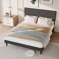 Letto matrimoniale 140x200 cm, con testiera testurizzata unica, moderno giroletto in tessuto di lino, rete a doghe inclusa, design minimalista per camera da letto per adulti - Grigio