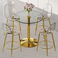 Ensemble bar modulable : table en verre 89 cm + 4 tabourets transparents – idéal cuisine ouverte, design scandinave, métal doré, repose-pieds