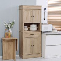 Meuble de cuisine à 4 portes, 1 tiroir et étagère ouverte, avec compartiment pour micro-ondes, 74 x 39,5 x 183 cm, chêne
