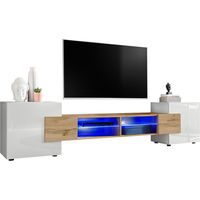 Extreme Furniture, Vitrines Murales Bridge v1, (LxHxP): 230 x 52.5 x 35, Partie centrale en Blanc Mat, Côtés en Wotan Mat, LED bleues