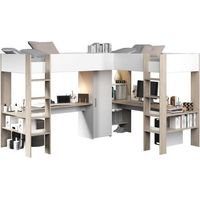 Letto matrimoniale angolare a soppalco 2 x 90 x 200 cm Con vani e scrivania Bianco e Naturale - LASCANO