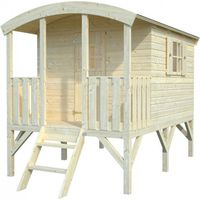 Cabane de jardin pour enfant en épicéa nordique 3,3 m² – Hauteur 225 cm – Panneaux préfabriqués 16 mm – Terrasse intégrée avec accès escalier – Der Holzwurm