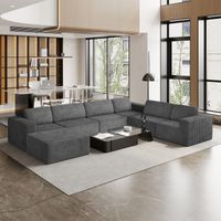Divano modulare panoramico a 7 posti, apertura a sinistra, rivestimento in velluto a coste, 1 pouf, divano compresso per ampio soggiorno, 404x303x82 cm, grigio