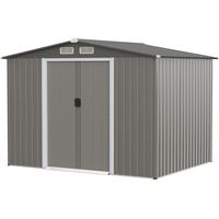 COSTWAY Casetta da Giardino per Attrezzi in Acciaio Zincato, con Base, Porte, Sfoghi, Maniglie e Tettoia, Capanno da Esterno per Giardino, Prato e Cortile, 260 x 207 x 180 cm, Grigio Chiaro