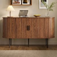 Buffet haut moderne noyer 140 cm – Sideboard de salon et salle à manger avec portes coulissantes à rideau, pieds en métal noir et 4 niches de rangement
