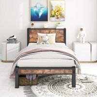 Cadre de lit en métal 90x200cm avec tête de lit de rangement, sommier à lattes, silencieux, base en métal, sans sommier tapissier, marron vintage, garantie 2 ans